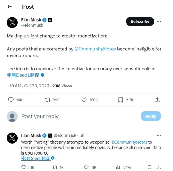 马斯克：X上被判定为错误消息的帖子将失去分成资格