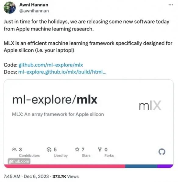 苹果推出高性能MLX机器学习框架 进军人工智能领域